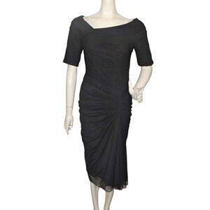 TADASHI SHOJI Cocktail Dress, M, Black Mesh, Ruched, Asym Neckline, Short sleeve